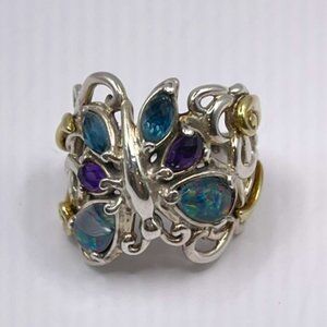 Vintage Style Multi Gemstone  & Sterling Silver Butterfly Ring